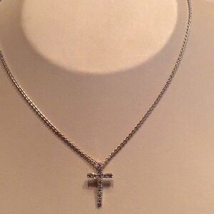 New Petite Cross Necklace, Sterling Silver, rhodium plated clear CZs.